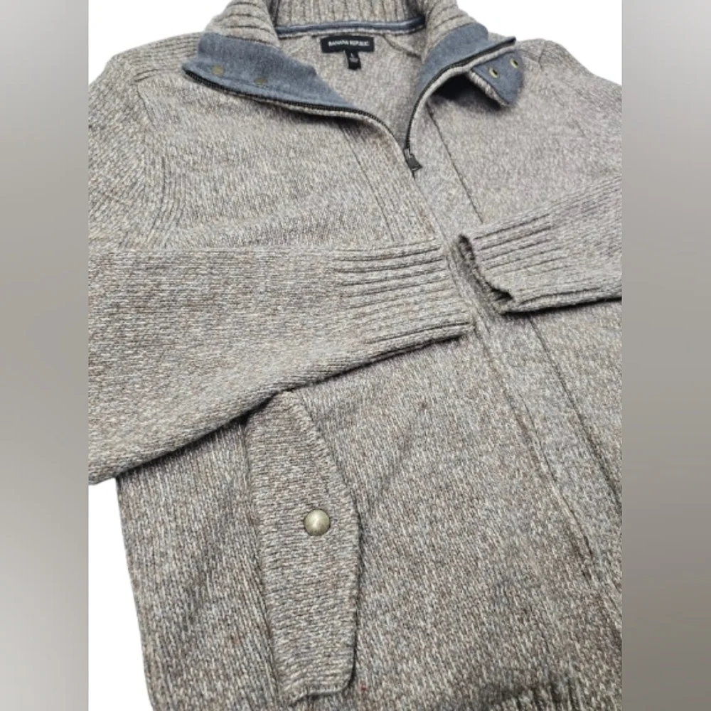 Banana Republic Lambs Wool Blend Variegated Taupe Tan Gray Knit Full Zip Sweater